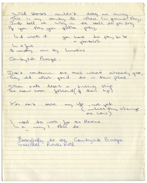 John Entwistle of The Who Handwritten Lyrics to ''Countryside Boogie''